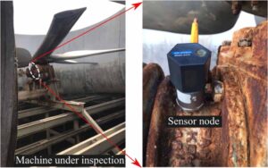 (Left) Photograph of a machine fitted with a vibration sensor. (Right) Close-up view of the vibration sensor used for data acquisition.