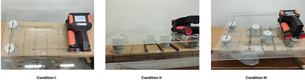 Controlled test setup showcasing the ReX 100’s performance across three scenarios, including baseline no-rebar condition, deep single-layer bars, and complex multi-layer arrangements with stirrups.