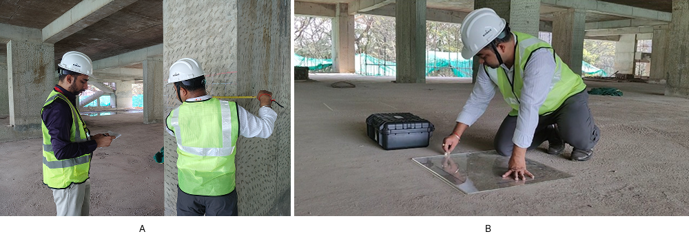 Grid marking carried out on the RCC column (A) and RCC slab (B) to establish accurate reference lines for scanning.